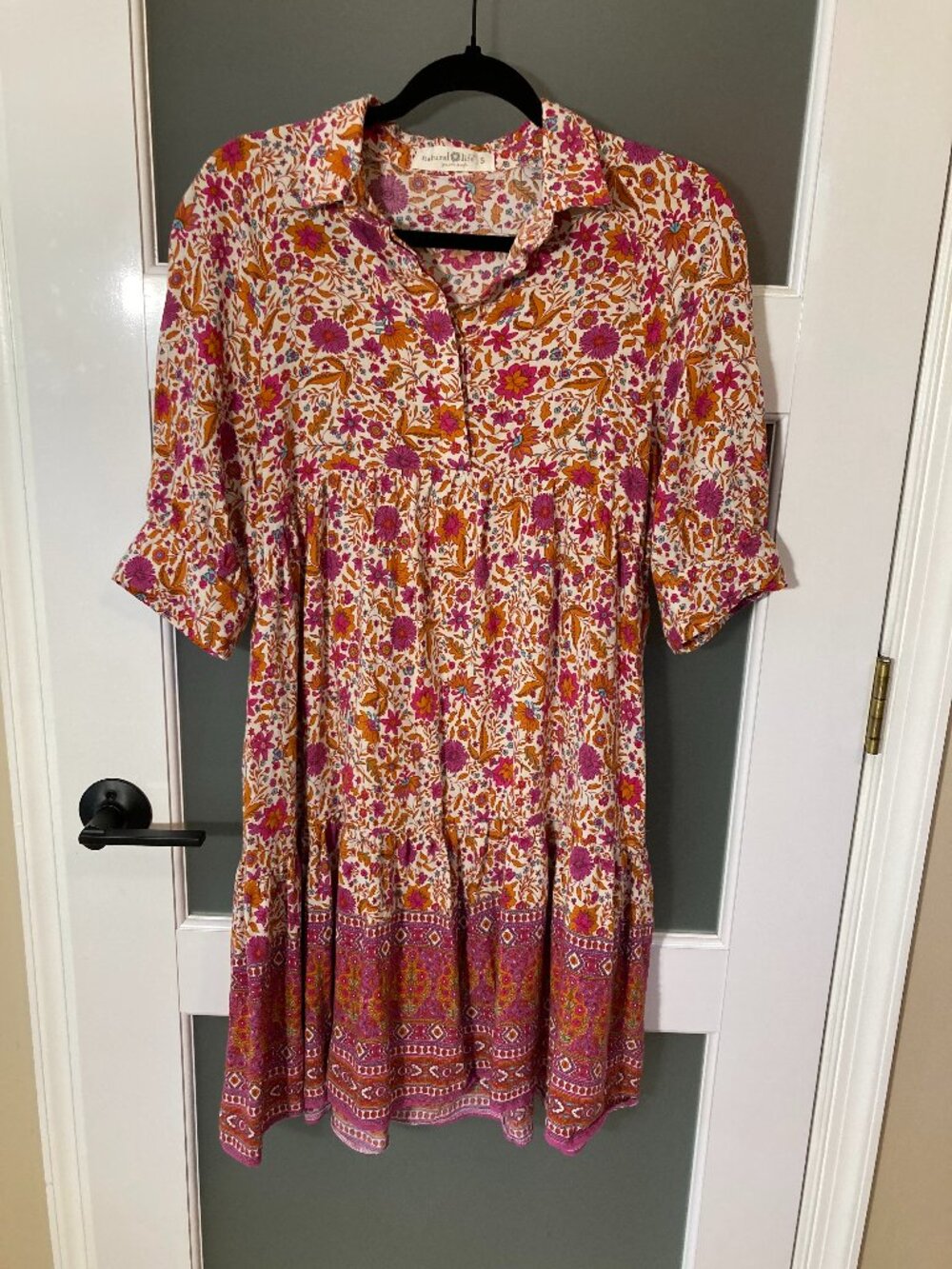 Natural Life Becca Short Dress in Pink Orange Floral Border - Size Small